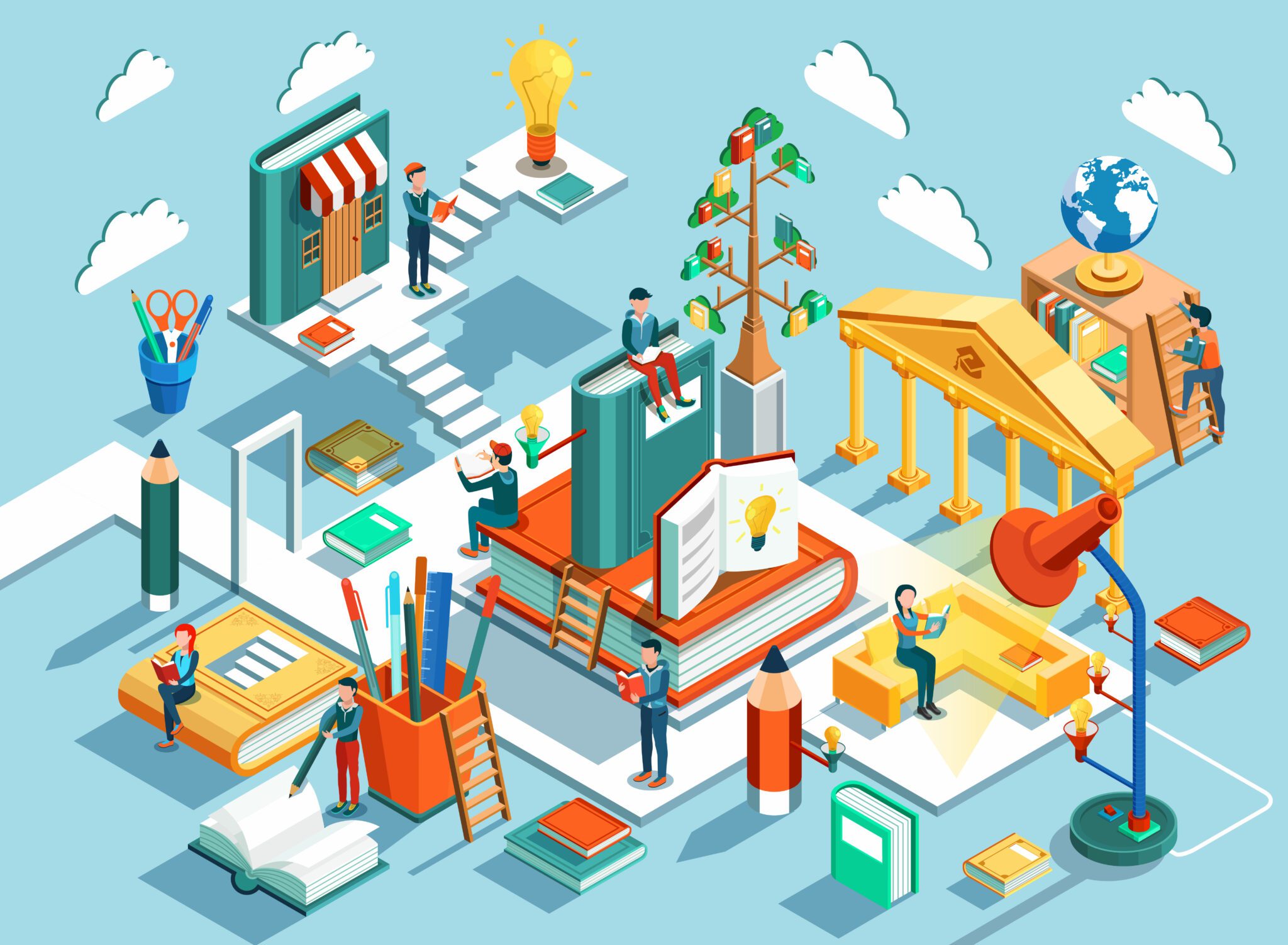 Online education Isometric flat design. The concept of learning and reading books in the library and in the classroom. Illustration