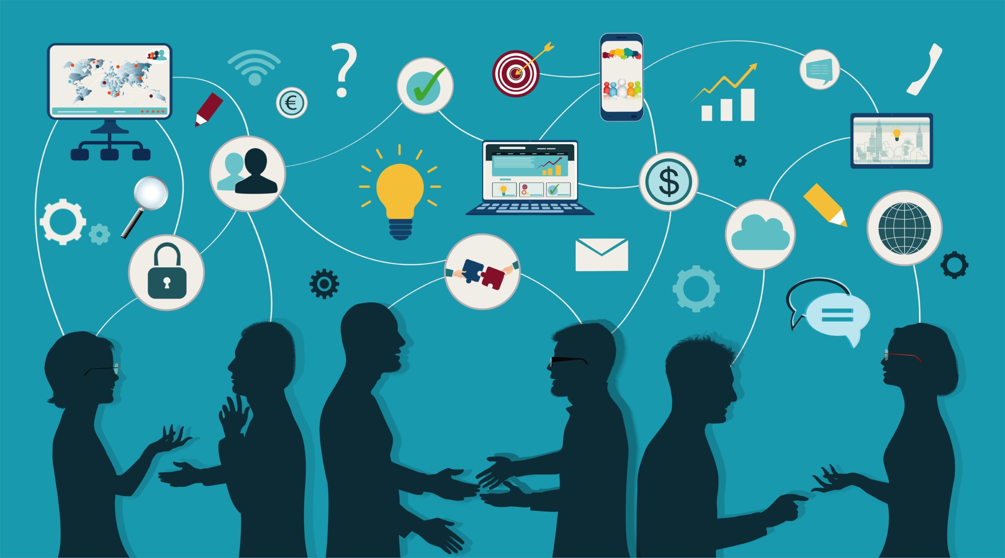 Sharing ideas and technology for the future. Connection and exchange of ideas - data or questions. Communication and network between people. Upload and download data. Mind Map. Network teamwork